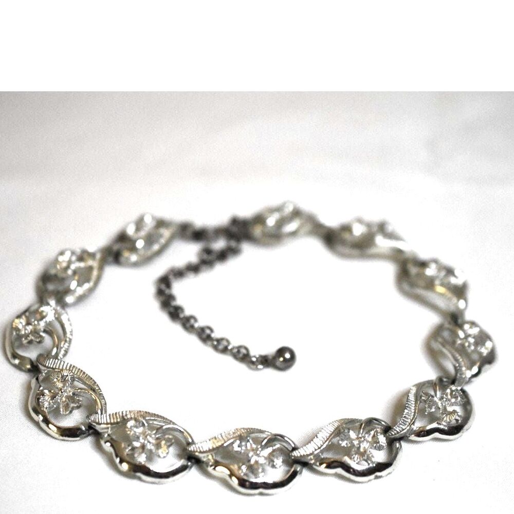 Elegant Stunning Vtg 1950s Silver Tone Clover Design 12" Glam Choker Necklace